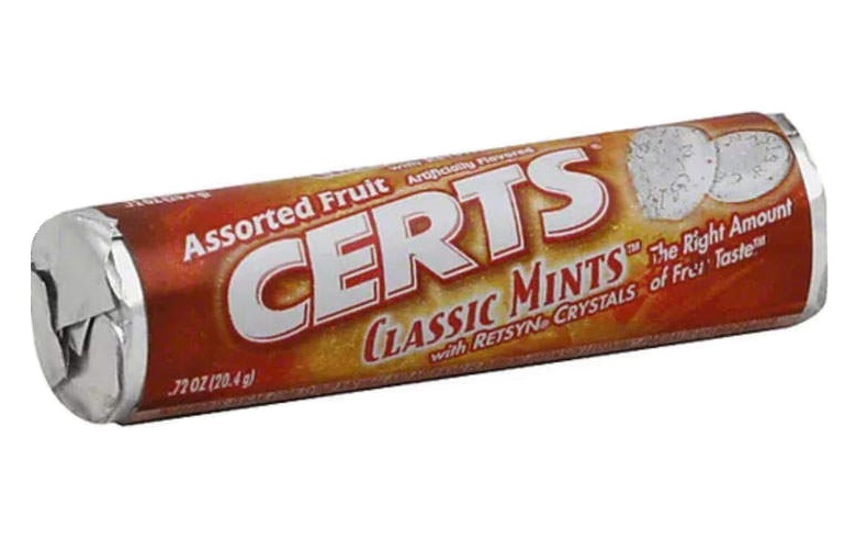 a roll of CERTS mints, assorted fruit flavored