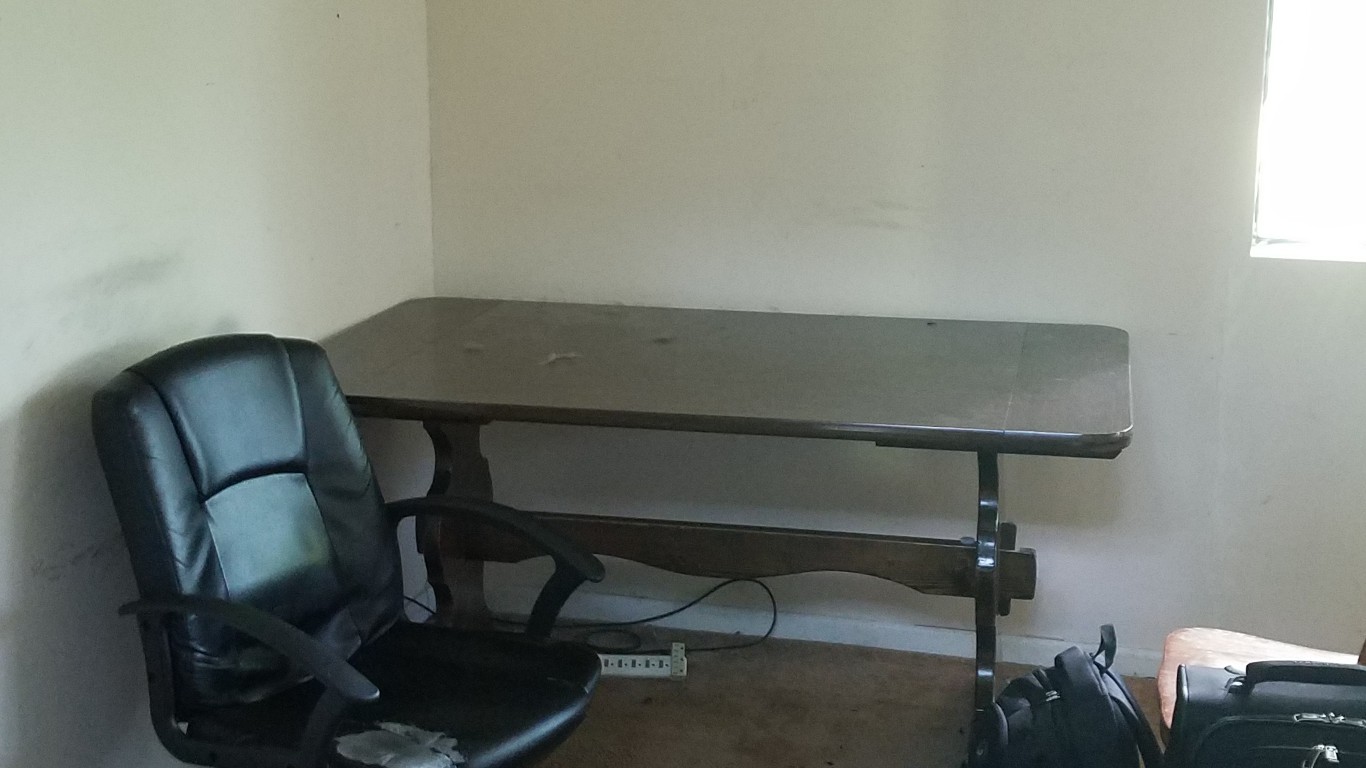 an empty desk. barren wall, and empty chair.
