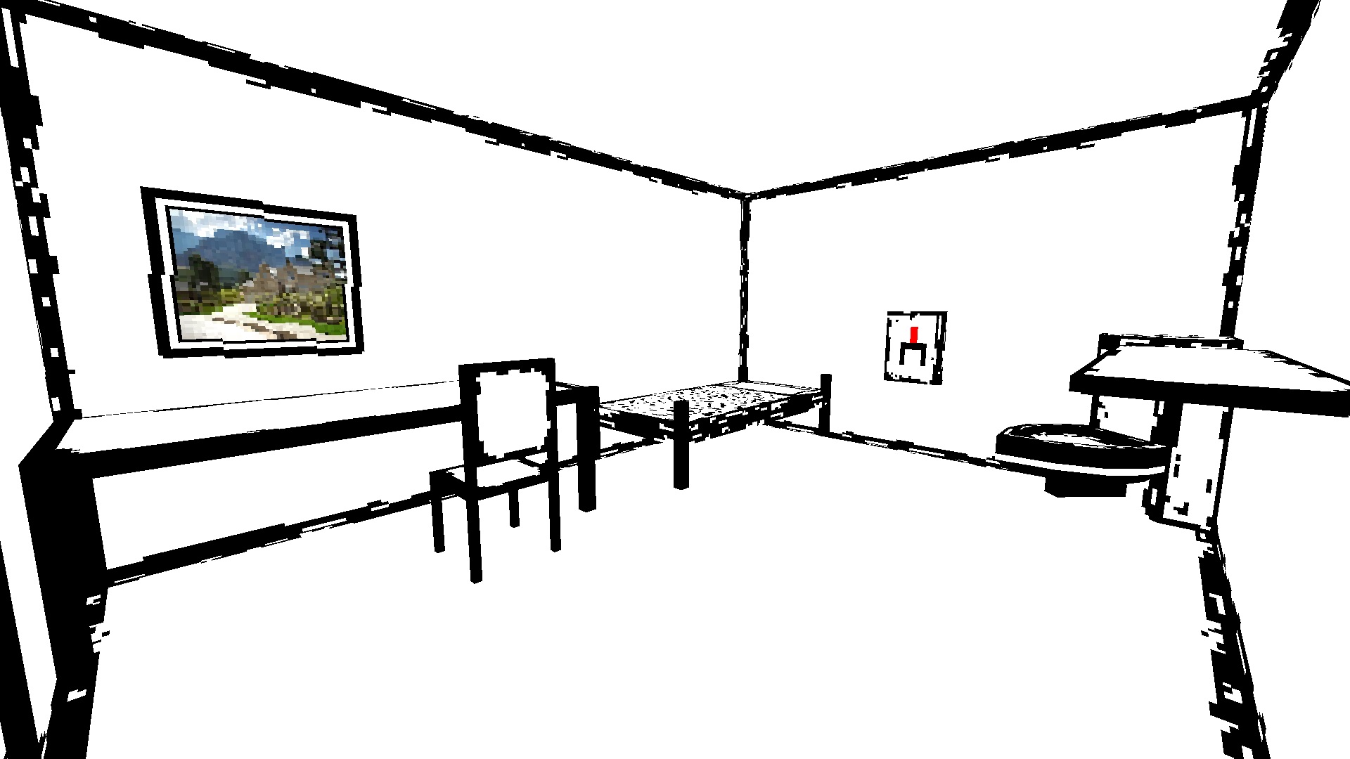 a 3D prison cell-esque black and white room