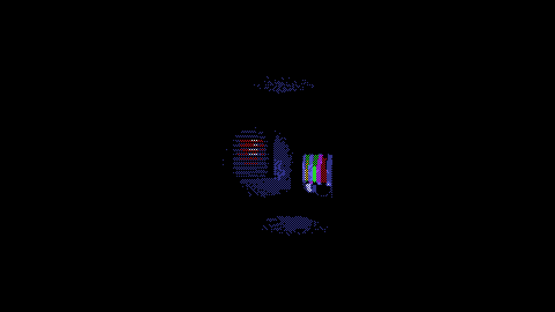 pixel art of an old television with no signal displaying colorbars